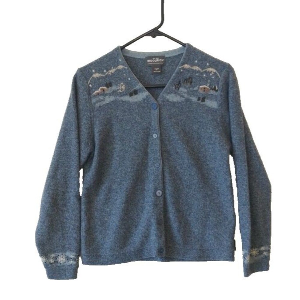 Vintage Woolrich 100% Lambs Wool Embroidered Sweater Indigo Heather Ski Deer Med